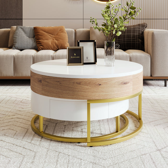Table Basse Gigogne Ronde Sherry De 31,5\" En Bois Composite Avec Plateau Relevable Et Tiroirs, Blanche