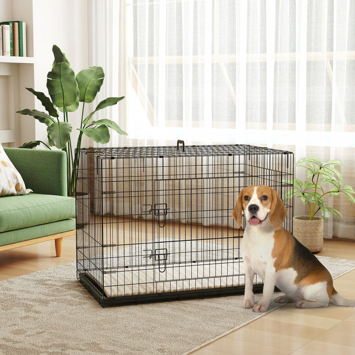 Cage Pour Chien Pawhut, Niche Pliable En Metal De 104 Cm Avec 2 Portes, Plateau Amovible, Coussin Moelleux, Poignee, Cage Pour Tres Grands Chiens, Noir