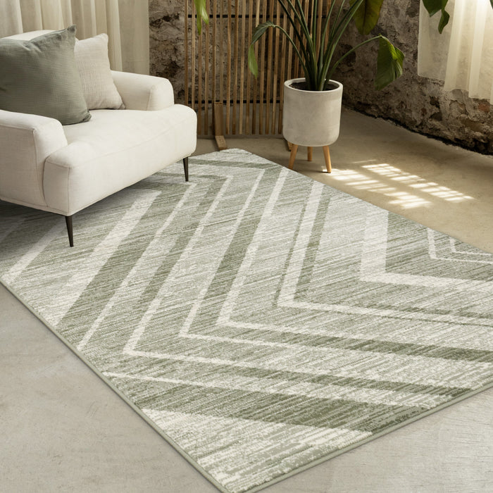 Tapis Florence vert et blanc a motif chevron vieilli, 5'3\" x 7'4\"