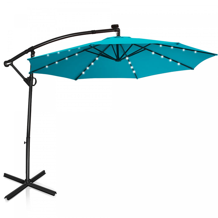 Costway Parasol deporte de patio de 10 pieds, alimente par energie solaire, LED, rotation a 360 degres, aluminium, turquoise