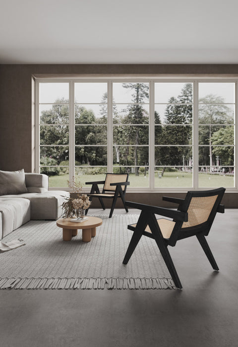 Fauteuil d’appoint industriel chic Hamlet avec dossier en cannage, bois noir et naturel – Lot de 2