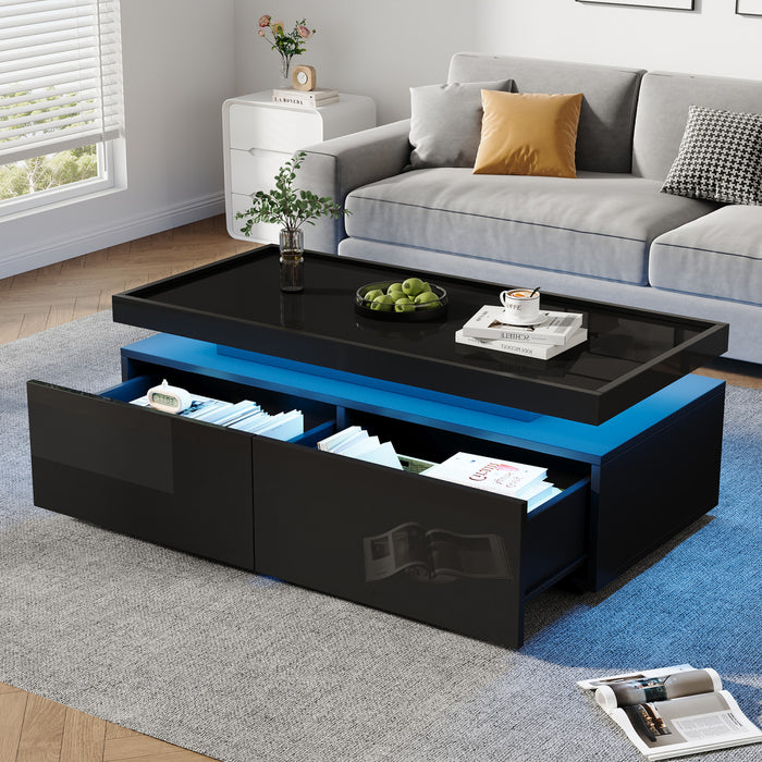 Aiden table basse LED – table basse avec tiroirs de rangement et eclairage controle par application, noir