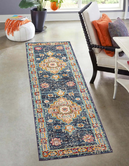 Tapis de Couloir Traditionnel Lotus 2'8\" x 8'2\" en Bleu marin