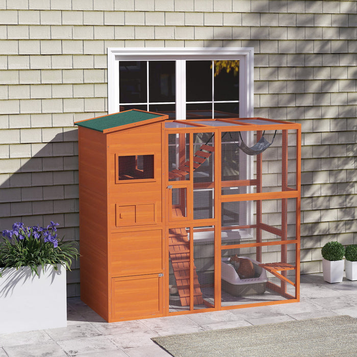 Pawhut Catio Enclos D'exterieur Pour Chat, 76\" De Long, Grande Maison Resistante Aux Intemperies Avec Plates-formes De Saut, Echelle, Rampes, Hamac Pour 2-3 Chats, Orange
