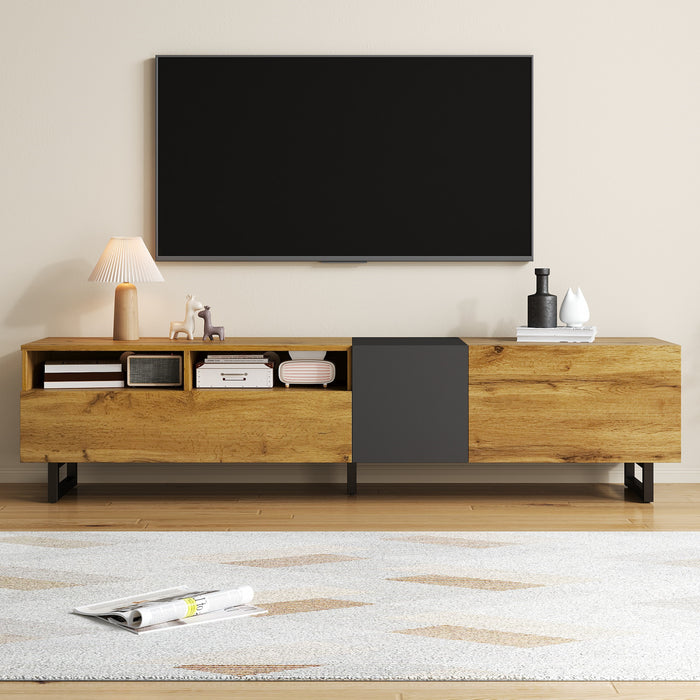 Meuble Tv Moderne Dominic Avec Pieds Metalliques En U, 3 Portes Et 2 Compartiments, Noir/bois Naturel