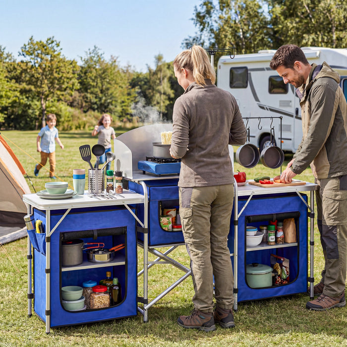 Outsunny Cuisine de camping pliante avec armoires en tissu pare-brise, bleu