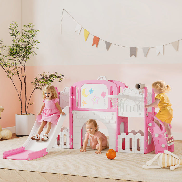 Toboggan pour tout-petits Qaba, ensemble 7-en-1 avec grimpeur, panier de basket, rose
