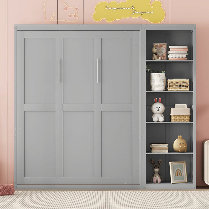 Lit Escamotable Double Jocelyn Gain De Place Avec Etageres, Gris