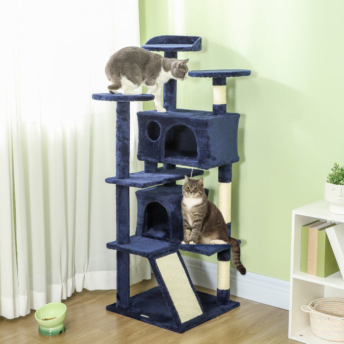 Pawhut Arbre A Chat De 54\" Tour A Chat Pour Chats D'interieur Avec Griffoirs, Condos Pour Chats, Lit, Plates-formes, Rampe, Balle Jouet, Centre D'activites Pour Chat, Bleu Fonce