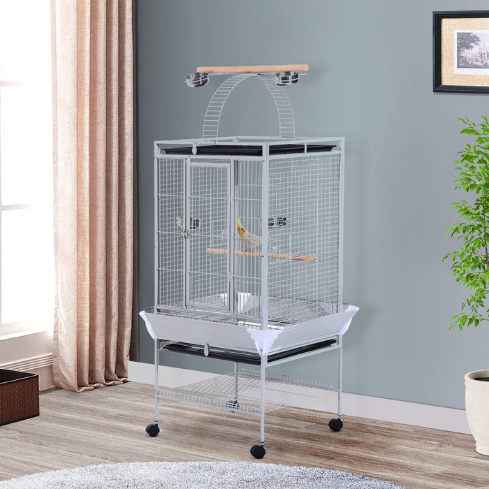 Pawhut D10-016 160 Cm Grand Support Pour Cage A Perroquet A Oiseaux Mangeoire A Pinsons Maison Perchoir Avec Bol Et Roues Argente