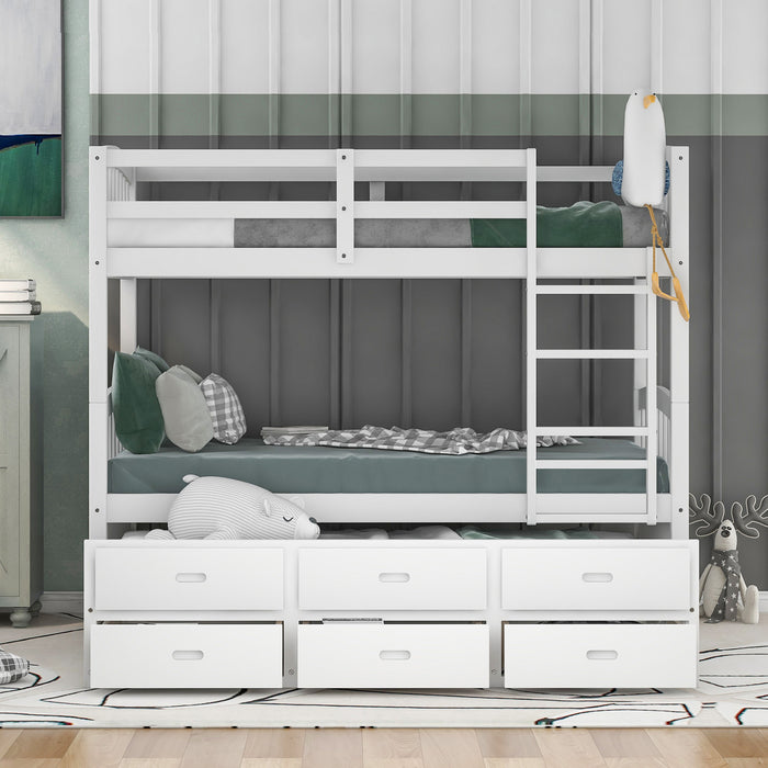 Sean – Lit Superpose Convertible En Bois Massif Avec Lit Gigogne Et Tiroirs, Format Simple, Blanc
