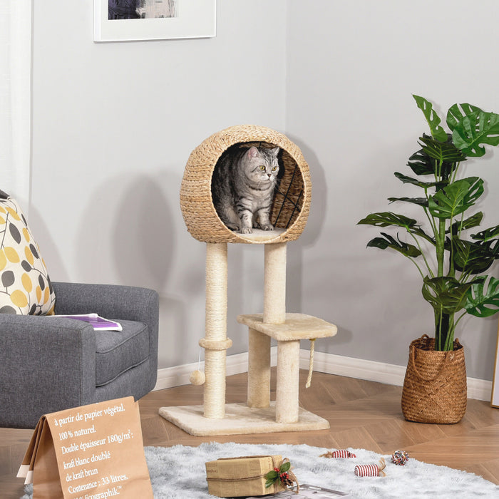 Arbre A Chat Pawhut De 99 Cm De Haut, Tour A Chat A Plusieurs Niveaux Avec Griffoir En Sisal, Niche, Perchoir En Peluche, Corde Et Balle Suspendues, Beige