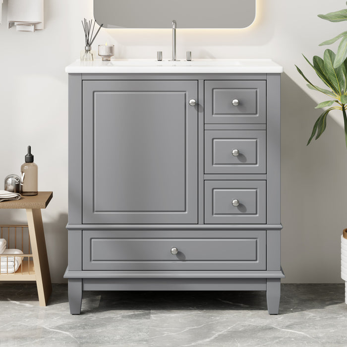 Emma Meuble-lavabo en bois massif de 30\" avec vasque en ceramique et porte a fermeture douce, Gris
