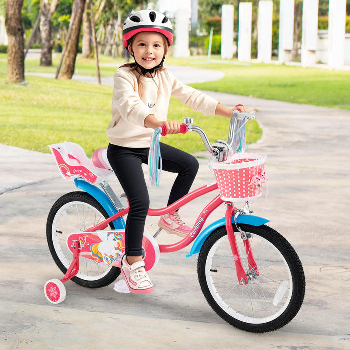 Costway 18\" Velo Pour Enfants De 4 A 8 Ans Avec Siege De Poupee Panier Et Streamers Colores Kickstand Rose