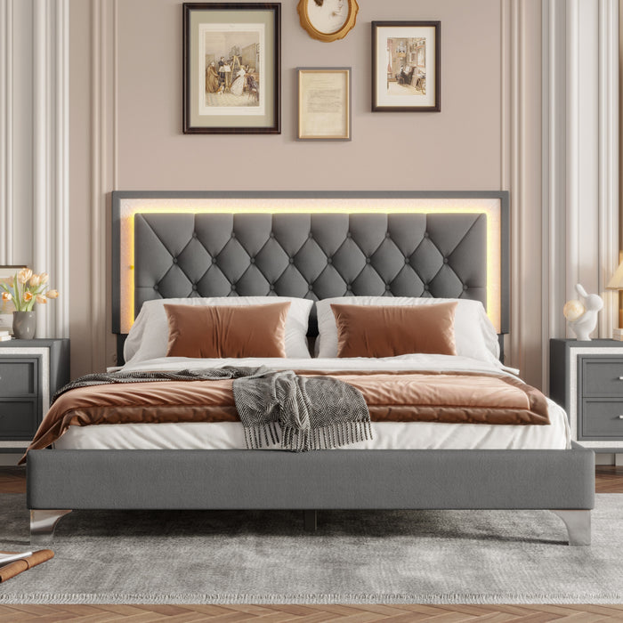 Cadre De Lit Sophia Tapisse Avec Eclairage Led Et Tete De Lit Capitonnee En Velours, Taille Queen, Gris