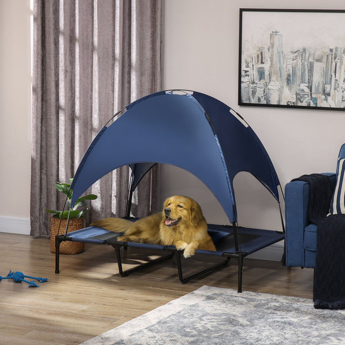 Pawhut Lit Sureleve Rafraichissant Pour Animal Domestique Avec Auvent Pour Chien De Taille Xl, Interieur Et Exterieur, 48\"x 36\"x 43\" Bleu Fonce