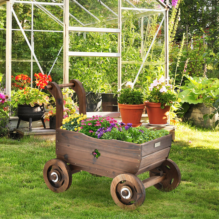 Jardiniere En Bois En Forme De Brouette, Chariot Decoratif Avec Roues, Poignees, Trou De Drainage, Support De Pot De Fleurs Roulant, Pot De Fleurs Rustique, Interieur Et Exterieur, Jardin, Terrasse, Balcon,