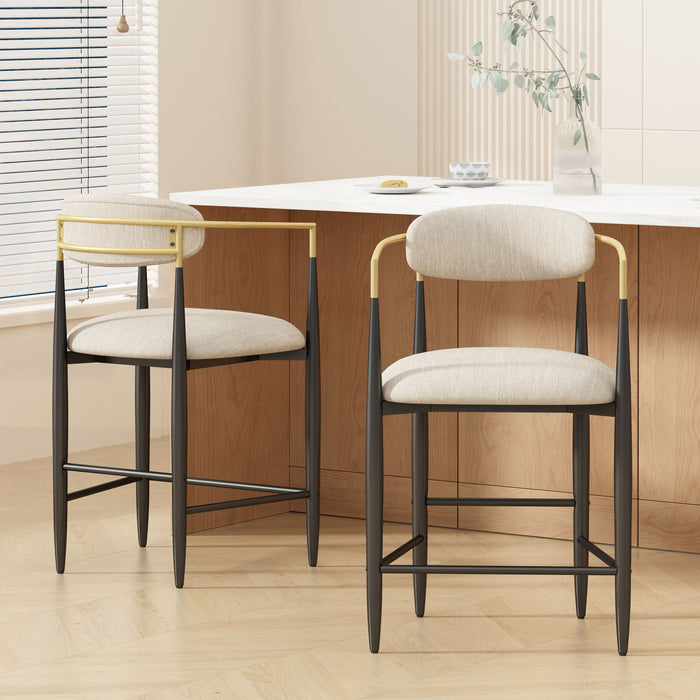 Ensemble De 2 Tabourets De Comptoir Aubrey Avec Dossier Ouvert, Revêtement En Tissu, Structure En Métal – Beige