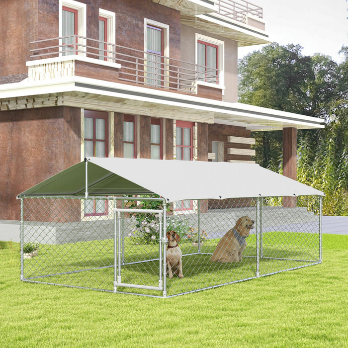 Pawhut Niche D'exterieur Pour Chien Avec Housse Impermeable Et Resistante Aux Uv Pour Chiens De Taille Moyenne Et Grande, 13,1' X 7,5' X 4,9', Argent