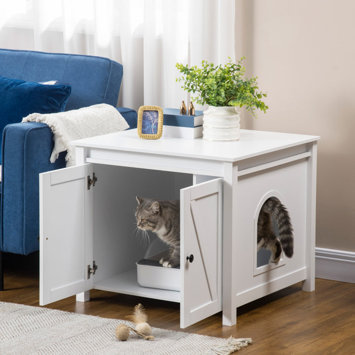 Pawhut Boite A Litiere Pour Chat Avec Dessus Ouvrable, Table D'appoint Pour Le Rangement De La Toilette Du Chat Avec Deux Portes, Poignees En Alliage De Zinc, Pour L'interieur, Blanc