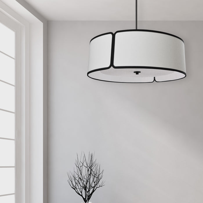 Luminaire suspendu de Dainolite avec abat-jour cylindrique blanc à encoches qui diffuse la lumière, fini noir et 4 ampoules