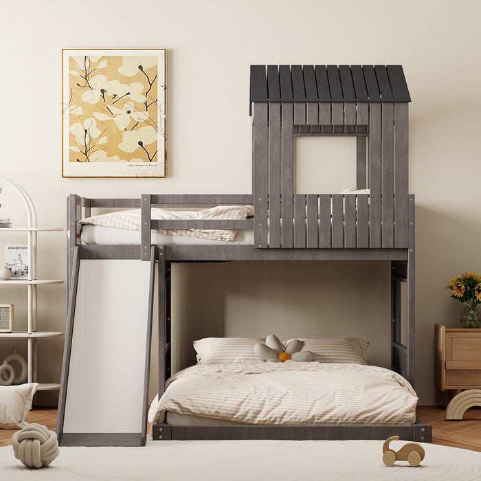 Lit Superpose Marico En Bois Massif, Taille Simple En Haut Et Double En Bas, Avec Toboggan, Design Maison De Jeu, Gris Antique