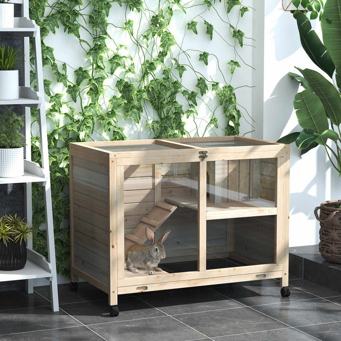 Pawhut Clapier En Bois Massif Pour Lapin Cage Pour Cochon D'inde Interieur Resistant A L'eau Petits Animaux Habitat Maison Avec Rampe Tiroir Plateau Roues Pivotantes A 360°, Bois Naturel
