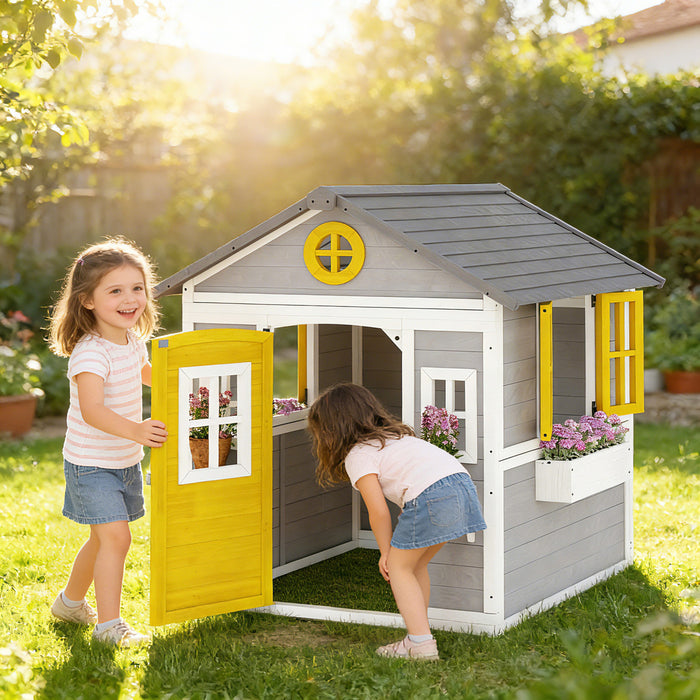 Outsunny Cabane pour Enfants, Maison en Bois Exterieure pour Jardin, Gris