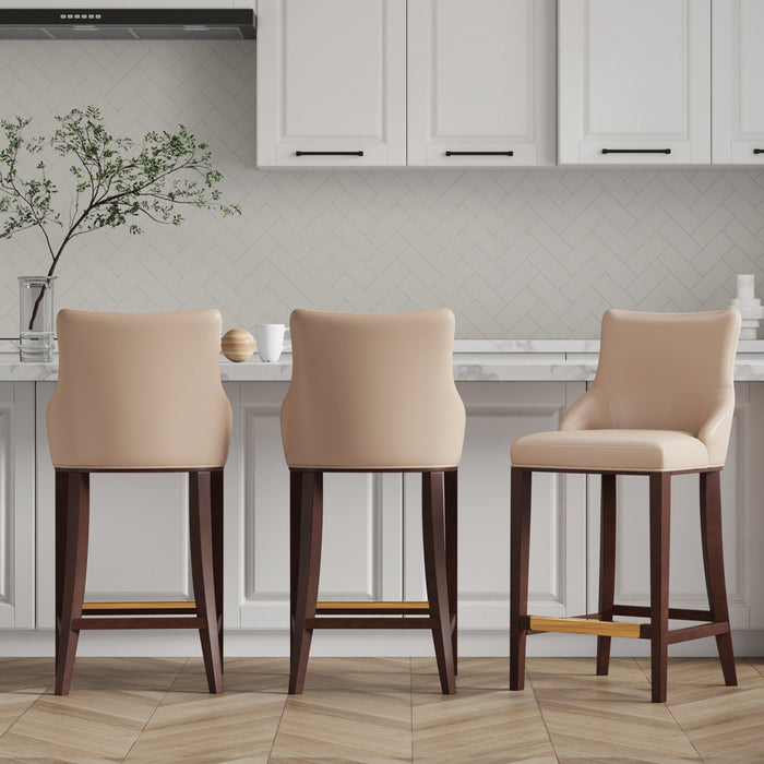 Tabouret de bar moderne en bois avec assise rembourree Shubert, coloris beige - Lot de 3