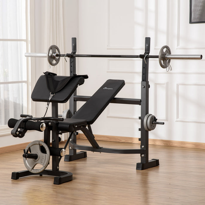 Soozier Banc De Musculation Fitness Entrainement Complet Avec Support D'halteres Repose Barre Curl Dossier Appui-coude Reglables Acier Revetement Synthetique Noir Et Gris
