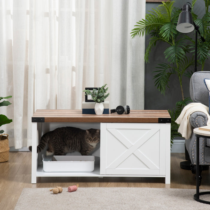 Pawhut Boite A Litiere Pour Chat Avec Porte Coulissante, Banc De Rangement De Toilettes Pour Chat Avec Trou, Table D'extremite Pour Maison D'interieur Pour Chat Avec Structure En Bois Solide, Blanc