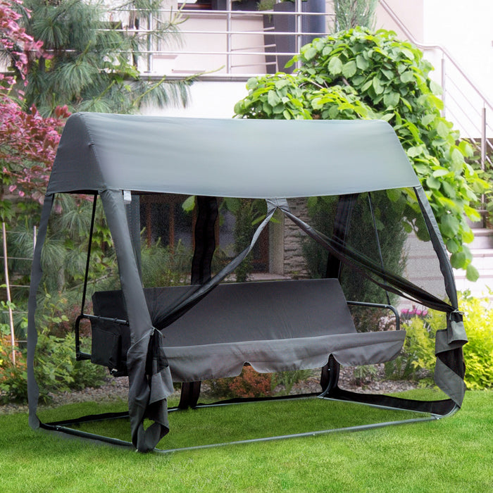 Balancelle De Jardin Convertible 3 Places Grand Confort : Matelas Assise Dossier, Moustiquaire Integrale Zippee Avec Toit, Pochette Rangement Metal Epoxy Polyester Gris