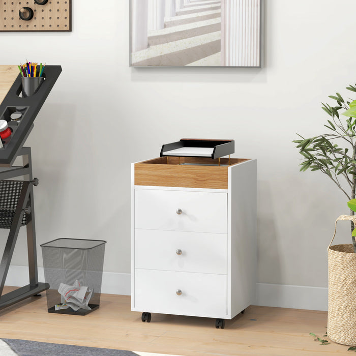 HOMCOM Meuble de Classement a 3 Tiroirs avec Roues et Plateau pour Bureau a Domicile, Blanc