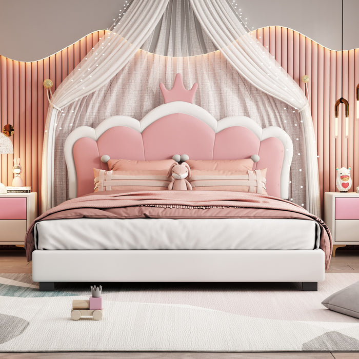 Lit Princesse Judson Tapisse Avec Tete De Lit En Forme De Couronne Et Cadre Plateforme En Pu, Taille Full, Creme