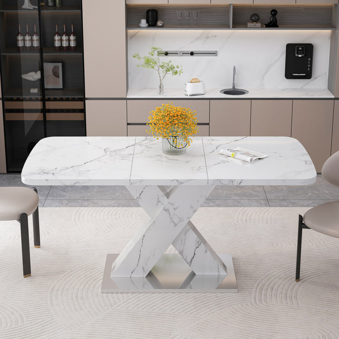 Table a manger rectangulaire moderne Lennon extensible de 47,24\" a 62,99\" avec plateau imprime marbre, blanc