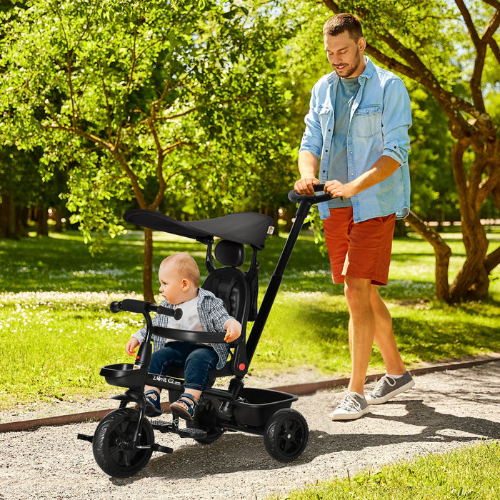 Qaba Tricycle Enfants Evolutif 4 En 1 Canne Telescopique Amovible Et Pare-soleil Pliable Demontable Angle Du Dossier Reglable Siege Pivotant Sac Et Paniers Integres Metal 44\" X 20.5\" X 38.5\" Noir