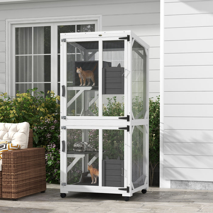 Pawhut Cage De Jeu Pour Chat, Design Sureleve, Avec Roues, Boite De Repos, Resistant A L'eau, Multi-plateformes, Pour 1 A 3 Chats