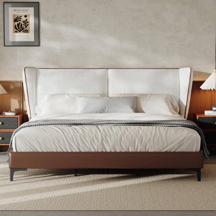 Le lit plateforme Ava en polaire Teddy avec tete de lit a oreilles et revetement en simili cuir, taille King, couleur blanche
