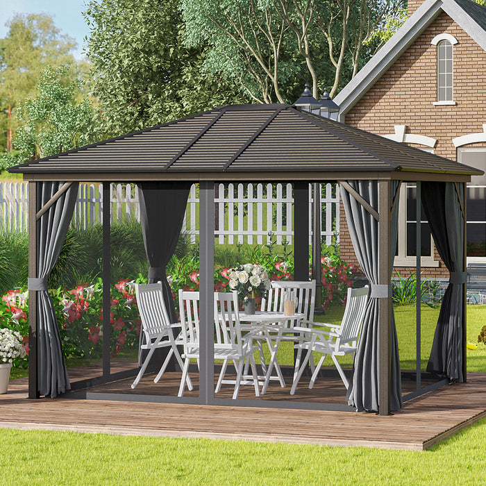 Outsunny 12 X 10 Ft Tonnelle Pavillon De Jardin Rigide Panneaux Toit Metal Epoxy Alu. 4 Parois Laterales Anti-uv 4 Moustiquaires Bronze Gris Et Noir