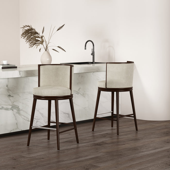 Tabouret de bar moderne en bois et tissu creme Evalyn - Lot de 2