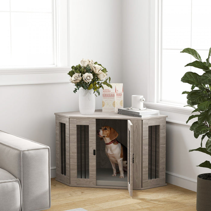 Pawhut Meuble De Cage Pour Chien, 41po Design D'angle, Porte, Serrure, Cage Pour Chien De Style Mobilier D'interieur Pour Chiens De Taille Moyenne, Gris