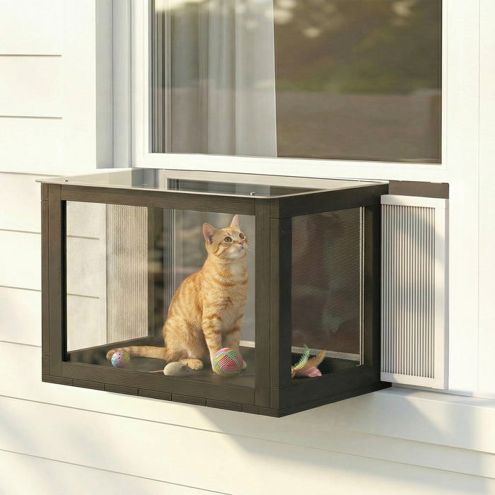 PawHut Catio Fenetre en Acrylique, Enclos Exterieur pour Chat avec Cadre en Bois, Catio avec Toit Etanche pour Bain de Soleil, Sieste et Observation Exterieure, Ajustable pour Fenetres de 65 a 105 cm