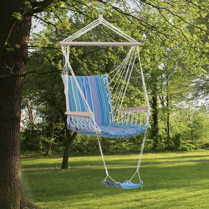 Chaise Balancoire Suspendue Portable Outsunny Hamac Raye Avec Repose-pieds Pour Le Camping En Plein Air Dans La Cour De Jardin (gris, Bleu, Vert, Blanc, Coton Rembourre Avec Repose-pieds)