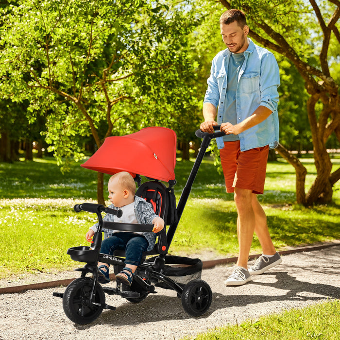 Qaba Tricycle Enfants Evolutif 4 En 1 Canne Telescopique Amovible Et Pare-soleil Pliable Demontable Angle Du Dossier Reglable Siege Pivotant Sac Et Paniers Integres Metal 44\" X 20.5\" X 38.5\" Rouge