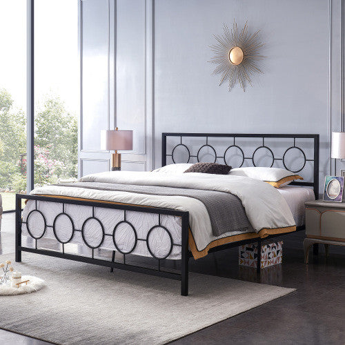 Robert Cadre De Lit En Metal Avec Tete Et Pied De Lit Au Design Circulaire, Taille King, Noir