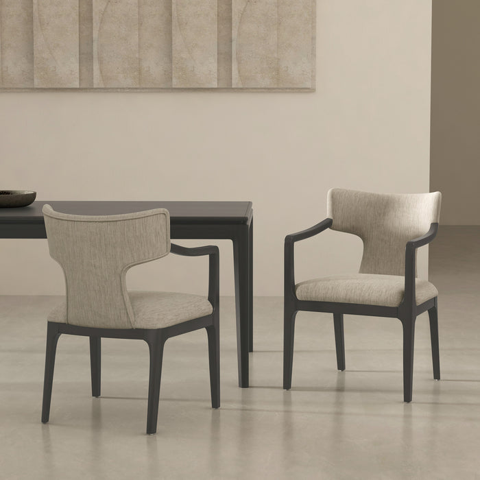 Fauteuil Eloria style moderne du milieu du siecle en bois et en chenille, coloris taupe