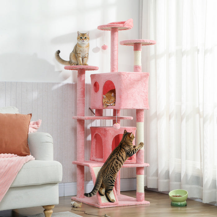 Arbre a chat de 160 cm avec poteaux a griffer, niches, rose