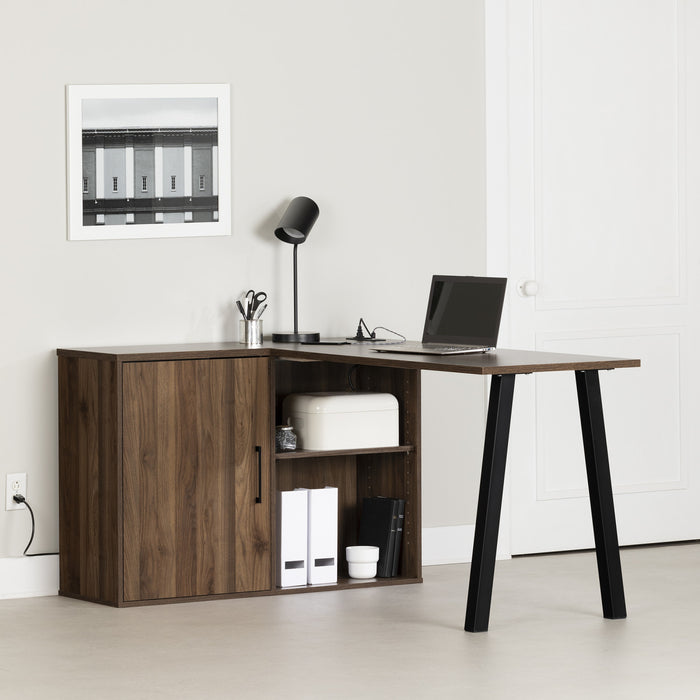 Bureau d’ordinateur en forme de L Zolten avec multiprise - noyer naturel