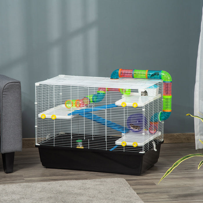 Pawhut Grande Cage Pour Hamster De 31 Cm, Maison Pour Petits Animaux, Refuge Pour Gerbilles A Plusieurs Etages, Systeme De Tube Tunnel, Avec Bouteille D'eau, Tubes, Roue D'exercice, Plat De Nourriture