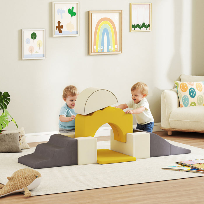 Qaba Ensemble De Jeux Pour Bebe 7 Pieces, Blocs D'escalade En Mousse, Jaune